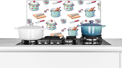 Spatscherm keuken 60x30 cm - Kookplaat achterwand Patronen - Koken - Eten - Vis - Pan - Muurbeschermer - Spatwand fornuis - Hoogwaardig aluminium