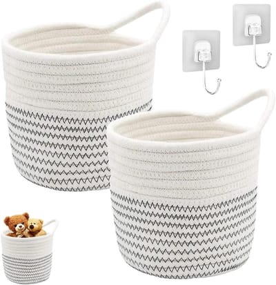 Hangmand Set van 2: Katoenen Touw Wandmanden voor Baby's en Badkamer - Opbergmanden met Handvat voor Woonkamer en Kinderkamer in Wit en Zwart