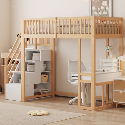 Hoogslaper 90x200 - Multifunctionele Tafel, Veiligheidsladder en Opbergruimte - Massief Kiefernhout - Wit