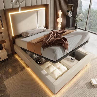 HAUSS SPOLE Gestoffeerd Bed 90x200 cm - Met Ledverlichting En Opbergruimte - Zonder Matras - Linnen En Hout - Beige