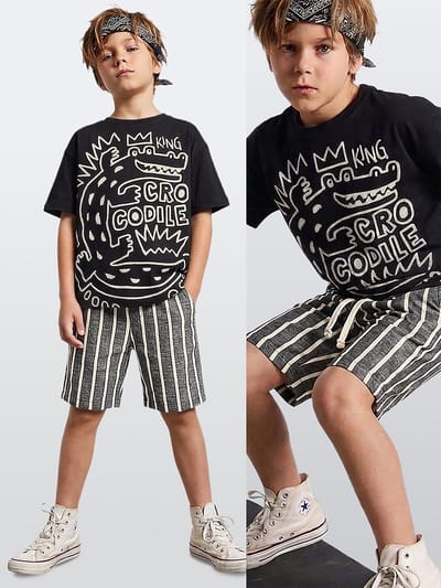 Denokids CFF-26Y1-177 Zwart Jongens T-shirt & Gestreepte Shorts Set met Krokodil Print 104