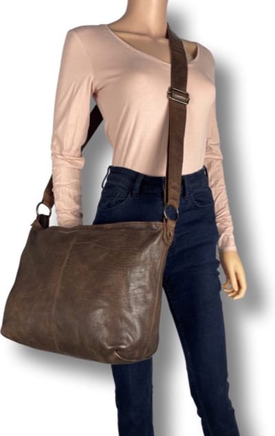 Schoudertas - Crossbody Dames ~Tas - Donkerbruin - Leer - Veel Ruimte - Arrigo