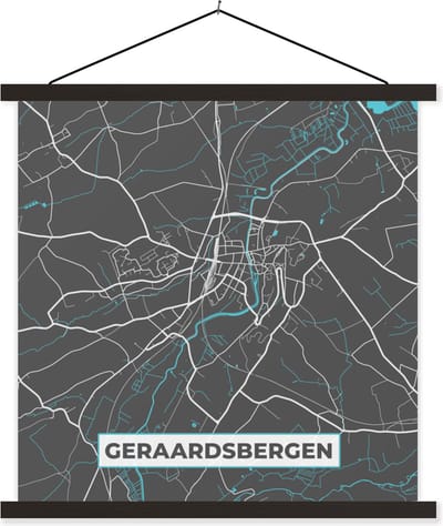 Posterhanger incl. Poster 60x60 cm - Schoolplaat - Stadskaart – Grijs - Kaart – Geraardsbergen – België – Plattegrond - Textielposter - Zwarte latten - Stadskaart
