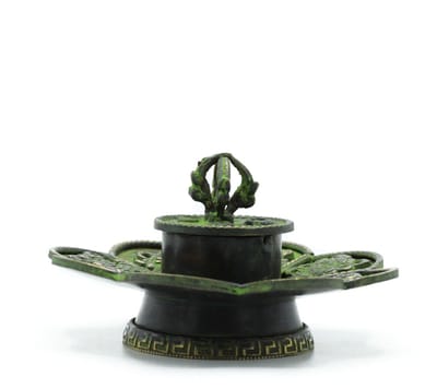 Tibetaanse kegel en wierookhouder van messing verdigris - Acht symbolen