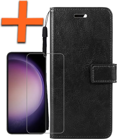Hoes - Met Screenprotector - Geschikt voor Samsung Galaxy S23 - Luxe Pasjeshouder - Bookcase Portemonee - Flip Case - Kunstleer Book Case - Flipcase - Book Cover - Walletcase - PortemonneeHoes - Zwart