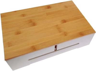 Kabelorganizer met Magnetisch Houten Deksel, Wandmontage Kabelopslagdoos voor Kabelbeheer en Stopcontacten (Wit, 32 x 20.5 x 9 cm)