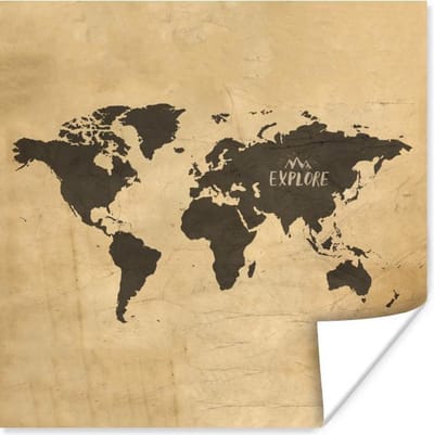Poster 30x30 cm - Wereldkaart - Vintage - Reizen - Posters - Kamer decoratie - Wanddecoratie woonkamer - Muurdecoratie slaapkamer