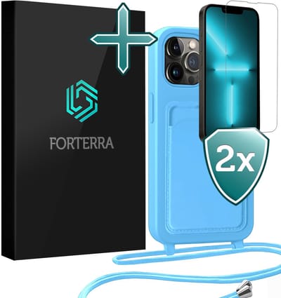 Hoesje Geschikt voor iPhone 13 Pro Pashouder Case Siliconen Hoes Met Koord Met 2x Screenprotector - Hoes Geschikt voor iPhone 13 Pro Met Telefoonkoord Hoesje Back Cover Met Pasjeshouder - Lichtblauw