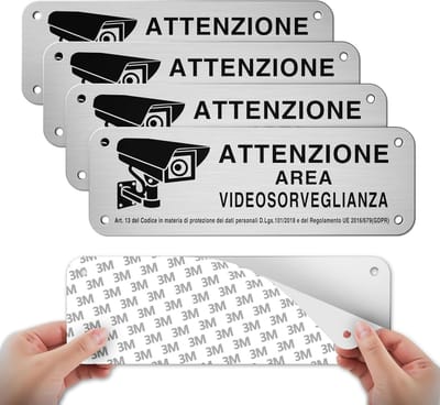 Videobewakingsbord van geborsteld aluminium - 4 stuks - 15 x 5 cm - Zelfklevende waarschuwingen voor ruimtes en privé-eigendom