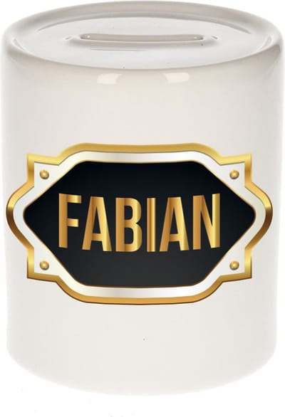 Spaarpot met voornaam Fabian - wit - met goud/zwart embleem - 8 x 9 cm - keramiek - met afsluitdop - cadeau verjaardag
