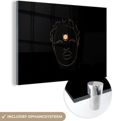 MuchoWow® Glasschilderij 60x40 cm - Schilderij acrylglas - Vrouw - Line art - Goud - Zwart - Foto op glas - Schilderijen