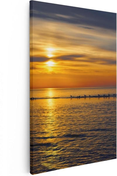 Artaza Canvas Schilderij Zee En Strand - 20x30 cm - Klein - Wanddecoratie Zonsondergang - Muurdecoratie Vogels - Kamer Accessoires