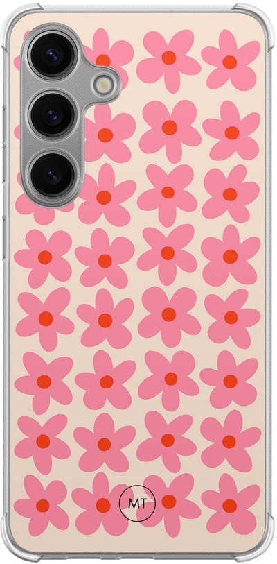 Hoesje (shockproof) geschikt voor Samsung Galaxy S24 - Retro Blooms - Extra sterke case - TPU/polycarbonaat - Bloemen - Roze, Transparant