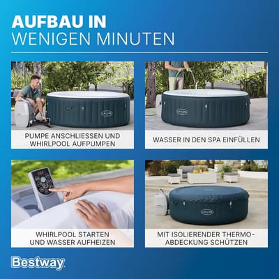 Opblaasbare Jacuzzi 6 Personen – House&Garden Miami Elite AirJet Whirlpool met EnergySense Isolatie, 140 Bubbeljets, Verwarming Tot 40°C, Thermo Afdekking, Filterpomp & ChemConnect – Rond Ø196 x 66 cm Donkergroen