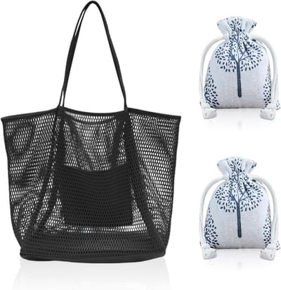 Extra Grote Strandtas Zwart met 2 Binnenzakjes - Robuuste Opvouwbare Net Tas voor Reizen en Picknick
