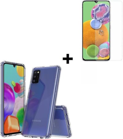 Geschikt voor Samsung Galaxy A41 hoes TPU Silicone Case hoesje met versterkte randen Transparant + Screenprotector Tempered Gehard Glas Pearlycase