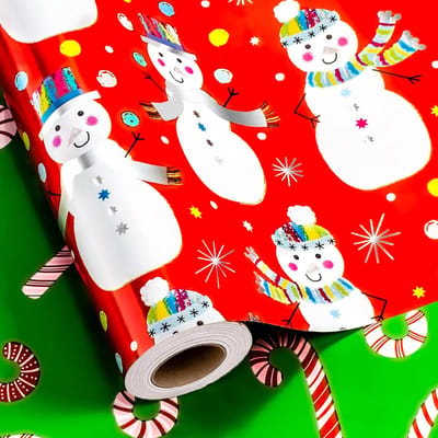 Omkeerbaar Kerstcadeaupapier Rood Groen Sneeuwpop Sneeuwvlok Geschenkpapier Luxe Glans