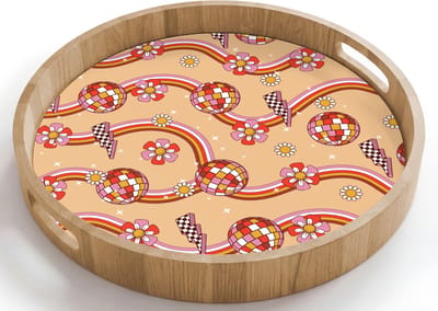 Dienblad rond 40x40 cm - Schootdienblad hout - Disco - Patroon - Lijnen - Borrelplank rechthoek - Plateau houten dienbladen