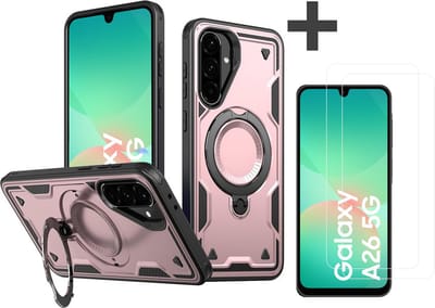 Hoesje Geschikt voor Samsung Galaxy A26 met 2 Stuks gehard glas Screenprotectors - Armor hoes met Ringhouder - Arara backcover - Rosegoud