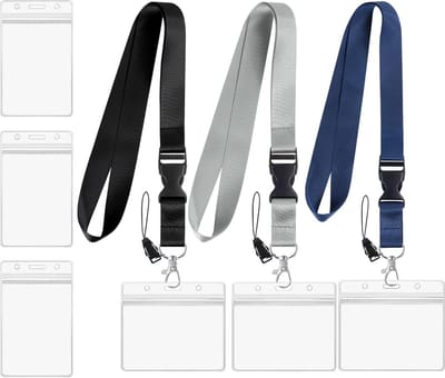 Lanyard met Snelsluiting en Draaibare Kreeftsluiting, 3 Nekkoorden en 6 ID-Hoezen voor Werk- en Identiteitskaarten (Zwart/Grey/Saffierblauw)