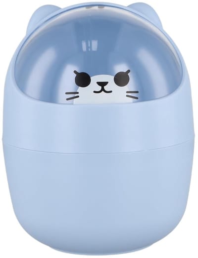 Schattige Kleine Prullenbak voor Bureau, Afneembare Tafelpennenhouder met Deksel, Handige Plastic Afvalbak voor Kantoor en Thuisgebruik (Blauw)