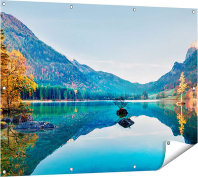 Gards Tuinposter Meer met Herfstbomen - 120x90 cm - Tuindoek - Tuindecoratie - Wanddecoratie buiten - Tuinschilderij