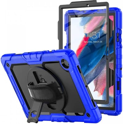 Hoes met ingebouwde Screenprotector Geschikt voor Samsung Galaxy Tab A8 | Inclusief 360° Draaibare Handriem en Schouderriem | Extreme bescherming | Ideaal voor zakelijk gebruik | Blauw