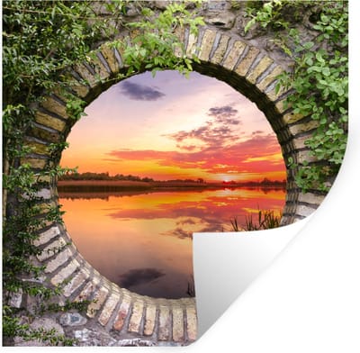 Muurstickers - Sticker Folie - Zee - Zonsondergang - Doorkijk - 100x100 cm - Plakfolie - Muurstickers Kinderkamer - Zelfklevend Behang XXL - Zelfklevend behangpapier - Stickerfolie