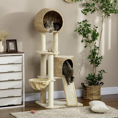 REDOM Luxe Kattenkrabpaal met Rotan-Look Kattenhuis (150cm) - Krabboom met Hangmat & Krabplank - Voor Kleine/Middelgrote Katten - Beige
