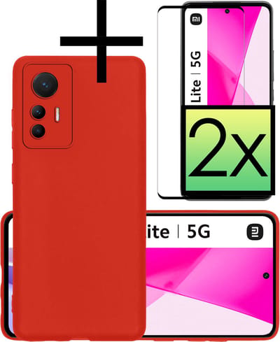 Hoesje - Met 2x Screenprotector - Geschikt voor Xiaomi 12 Lite - Sterk & Shockproof - Back Cover - Siliconen Case - Telefoon Hoes - Rood