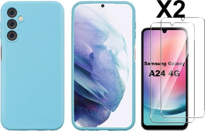 Hoesje Geschikt Voor Samsung Galaxy A24 Hoesje siliconen Licht Blauw zacht siliconen hoesje TPU backcover - Met Screenprotector - 2 stuks