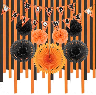Dailygoods- Halloween Decoratie 18 Stuks - Feest Decoratie - Halloween Versiering - Crêpe Papier - Papieren Fan/Bloem - Wimpel - Feestdecoratie