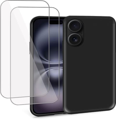Geschikt voor Apple iPhone 16 - Hoesje + 2x Screenprotector – Gehard Glas Cover - Suède Case Zwart
