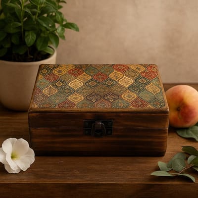 Medium Ceramic Glazed Wood Box - 15x10x6cm - Trad-Pattern