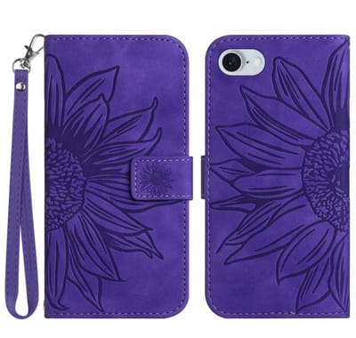 Coverup Hoesje - Geschikt voor iPhone 16e / 17e Hoesje - Coverup Zonnebloem Book Case met Koord - Donkerpaars