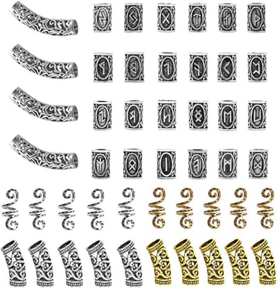 Viking Haarbeads Set van 48 Stuks voor Baard en Haarstyling met Rune Motieven en Kralen