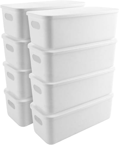 8 Stuks Stapelbare Kunststof Opbergmanden met Deksel - 28 x 10 x 9 cm, Ideaal voor Keuken, Badkamer en Kantoor, 2,8 L, Met Handvatten