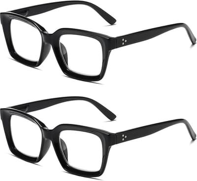 Een set van twee leesbrillen, groot formaat, zwart, unisex, veerscharnier, ter ondersteuning bij het lezen, met een extra lens van 2,0 mm.