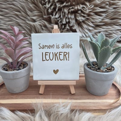 Robuust wenstegeltje “Samen is alles leuker!” – Liefde & Vriendschap Cadeau – Keramiek – Decoratie – Relatie Cadeautje – Vriendschap - Trendy nu – Decoratief Tegeltje met Standaard – Cadeau Idee