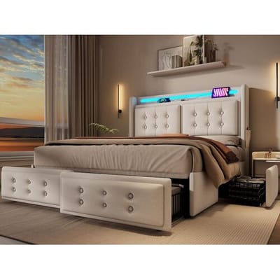 ModernLuxe Volwassen bed 180x200cm in linnenstof - met LED en oplaadpoorten - 4 laden - Beige