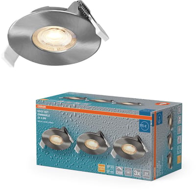 OSRAM Spot Set LED inbouwspot DIM IP44 4,9W satijnnikkel, set van 3 badkamer dimbaar draaibaar, warm wit 2700K