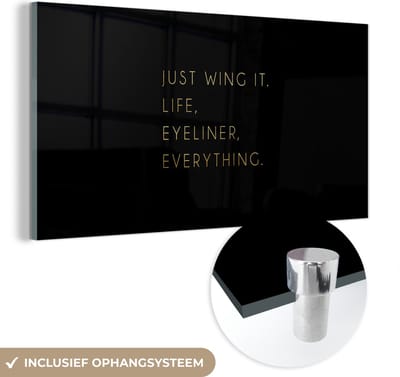 MuchoWow® Glasschilderij 40x20 cm - Schilderij acrylglas - Quotes - Life - Goud - Zwart - Foto op glas - Schilderijen