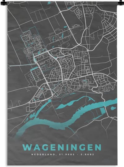Wandkleed - Wanddoek - Stadskaart - Wageningen - Grijs - Blauw - 120x180 cm - Wandtapijt - Plattegrond