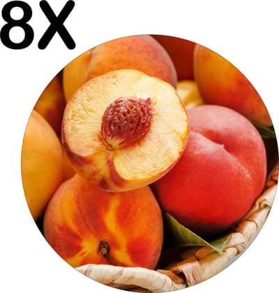 Luxe Ronde Placemat - Rijpe Perziken in een Mandje - Set van 8 Placemats - 50x50 cm - 2 mm dik Vinyl - Anti Slip - Afneembaar