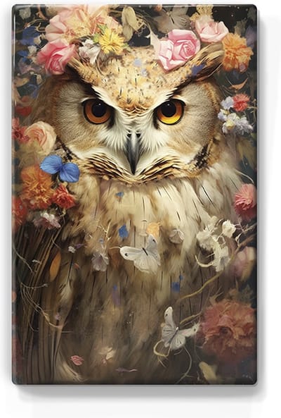 Versierde uil - Laqueprint - 19,5 x 30 cm - Niet van echt te onderscheiden handgelakt schilderijtje op hout - Mooier dan een print op canvas. - LP325