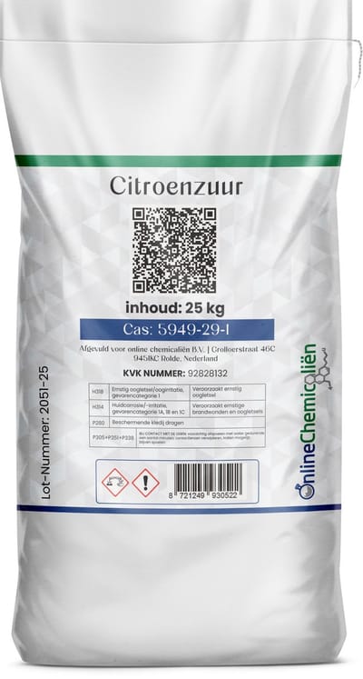 online chemicalien – citroenzuur – 25 kg – foodgrade – allesreiniger – voor huishoudelijk gebruik