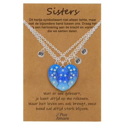 BFF Ketting voor 3 'Sisters' - Magnetisch Blauw Hartje - Vriendschapsketting op Cadeau Kaartje - 45cm + 5cm verstelbaar - Zilverkleurig - Best Friends Hanger - Pax Amare