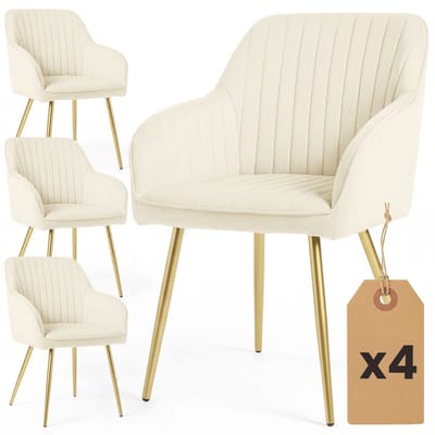 Set van 4 Eetkamerstoelen FLORENCE met Armleuningen / Gestoffeerde Stoelen / Fluwelen Stoelen en Metalen Poten / Crème kleur met gouden benen