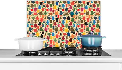 Spatscherm keuken 60x40 cm - Kookplaat achterwand Patronen - Koffie - Theepot - Retro - Muurbeschermer - Spatwand fornuis - Hoogwaardig aluminium