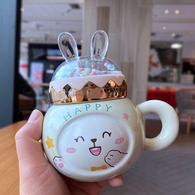 Konijnenmok met Deksel Lepel Kop voor Mannen en Vrouwen Keramische Drinkwaterkop Stel Cartoon Hoge Waarde Grote Capaciteit Koffiekop 400ml